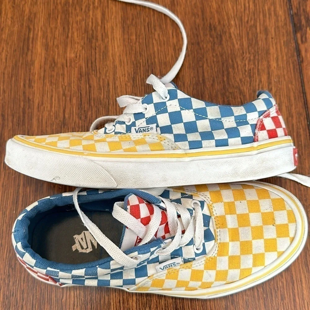 Vans, multicolor, checkerboard, skate shoes, sneakers size youth four